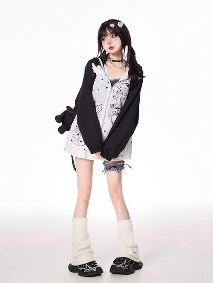 デザインフードイヤーキティカラーブロックジップアップジャケットカートゥーンプリントブラック/グリーン