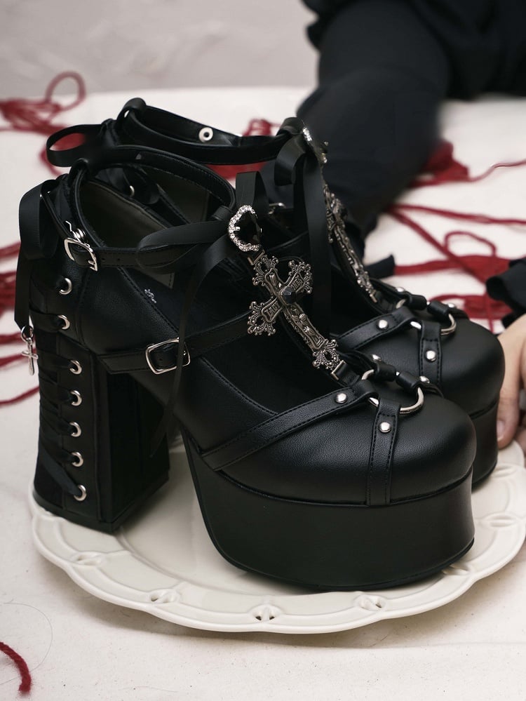 Lace-Up - Platform Heart Detachable Back with Rhinestone Black at Gothic Janes Charm Cross Bow Mary