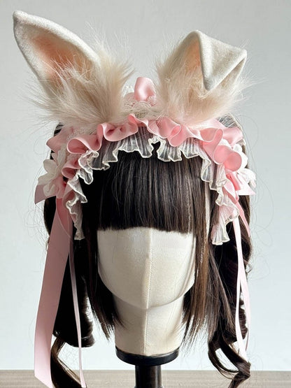 Rosa Ohren und rot/pink/schwarzes Kaninchen Daisy mit Haarband Dekoration Lolita Spitze