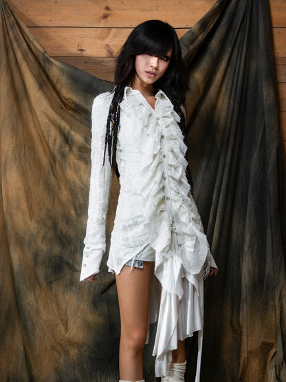 Punk - Button Shirt Asymmetrical Cuffs White Design Gothic