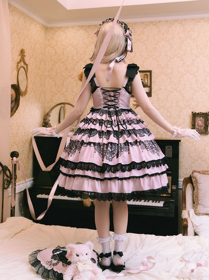 Black and Pink High-Waisted Tiered Ruffle Hem Jumper Skirt - Mademoiselle Pearl