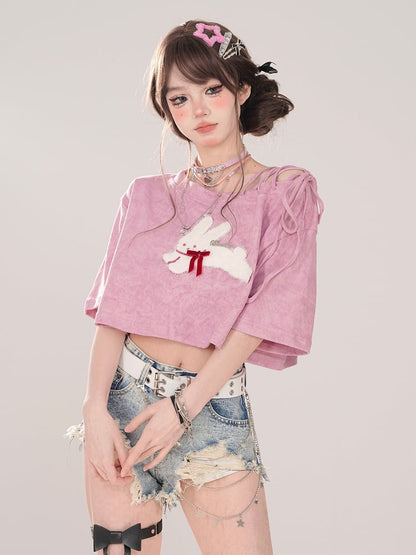 Embroidery Pink Asymmetrical Neckline Lace-Up Cropped T-shirt with Bunny