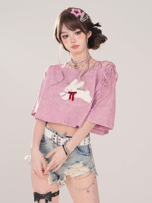 Embroidery Pink Asymmetrical Neckline Lace-Up Cropped T-shirt with Bunny