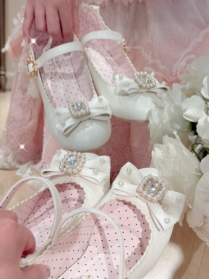 ラウンドロリータラインストーンメリートゥ装飾ディテールホワイト＆ビーズボウノットジェーンズシューズ