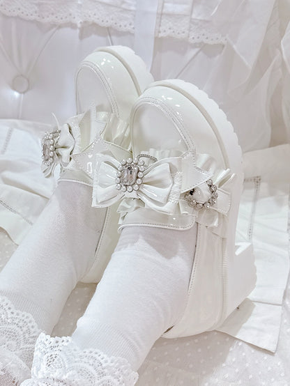 Jirai PU Kei White Bow Bead High Leather Rhinestone Polished Heels with 7.5cm