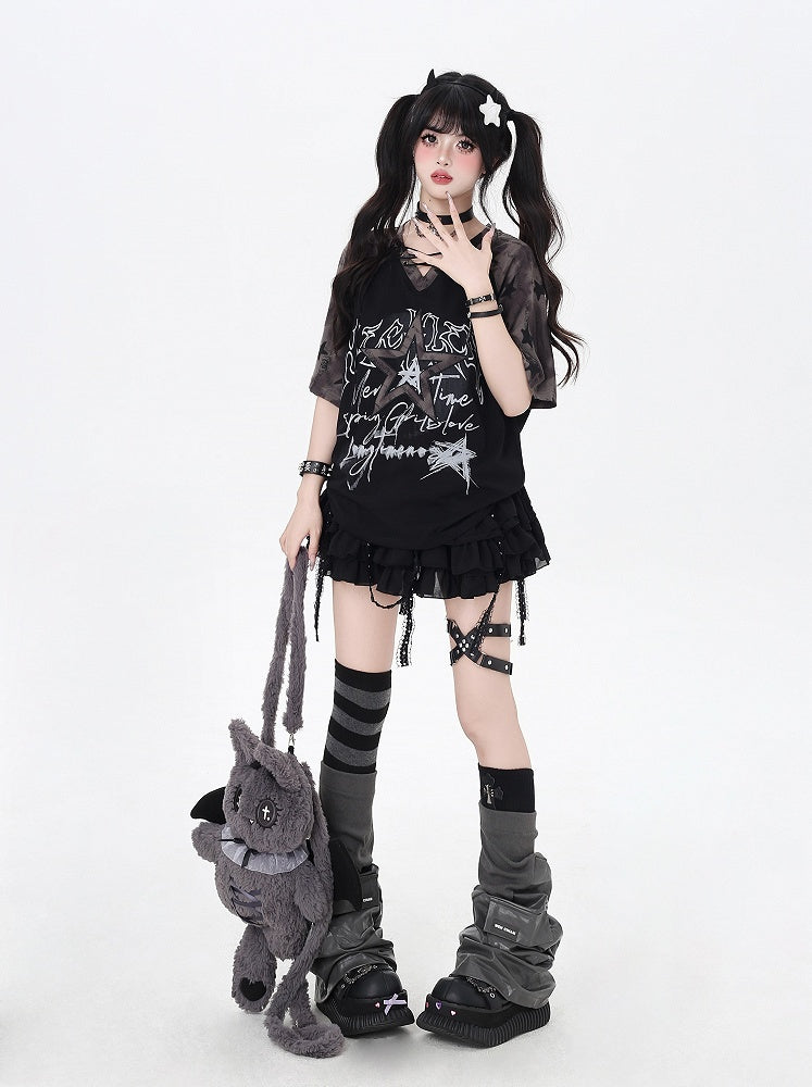 デザイン レースアップ Vネック スター Tシャツ ルーズ ブラック カラーブロック プリント