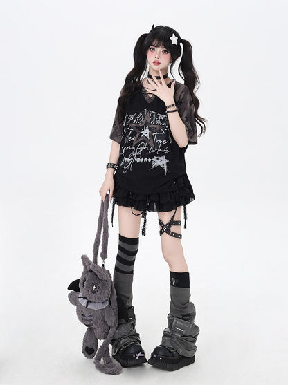 デザイン レースアップ Vネック スター Tシャツ ルーズ ブラック カラーブロック プリント