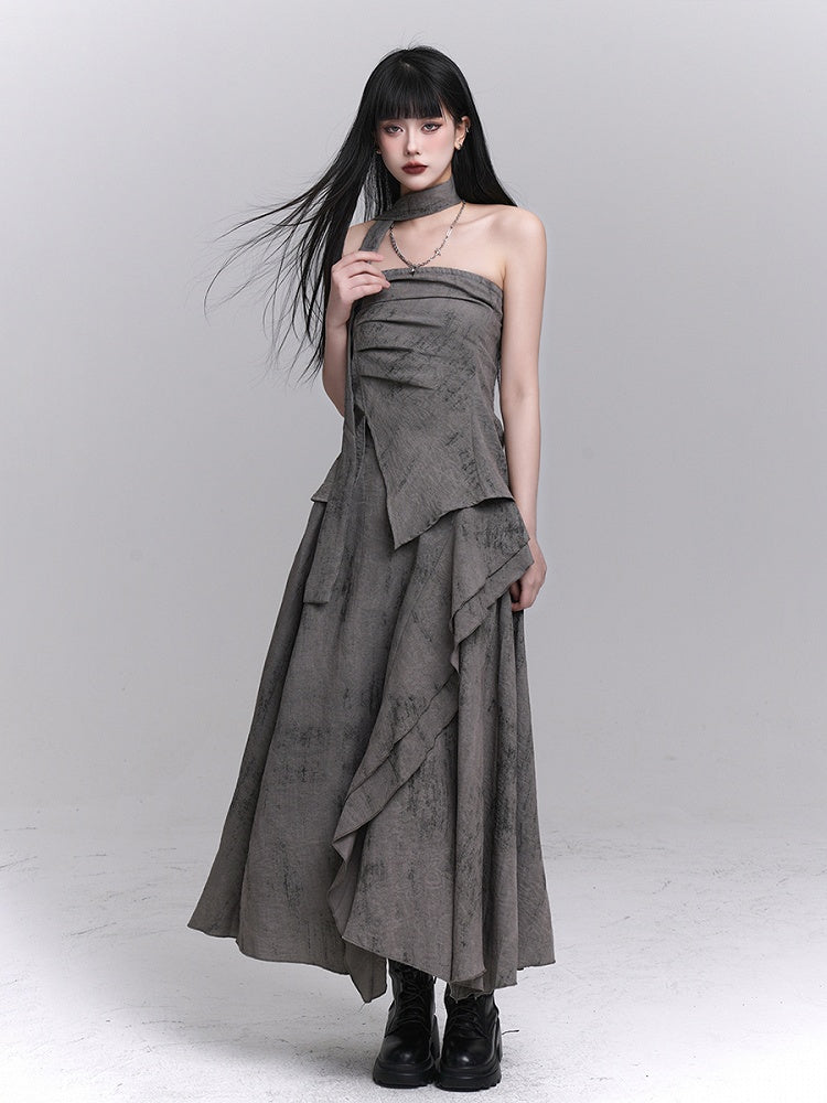 Gray Splatter Punk Matching Layered with Asymmetric Wasteland Neck Ruching Strap Bustier