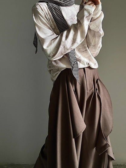 Fastening Button Pants Style Zip Ruffles Cascading Ornate Functional in Princely with Wide-leg Brown