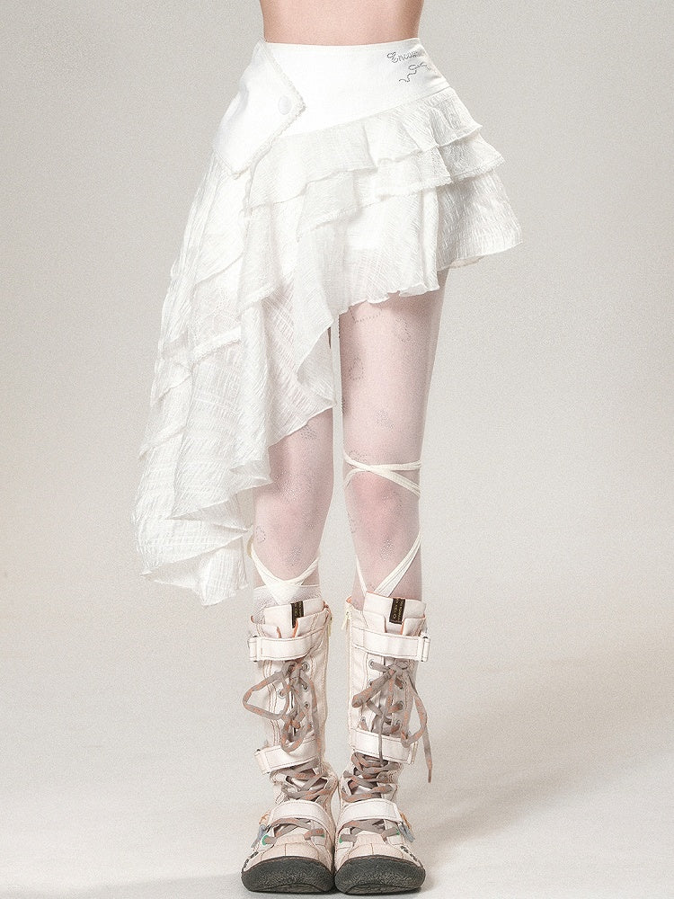 Hem Tiered Asymmetrical Skirt Letter Decorated Bowknot White Rhinestone And
