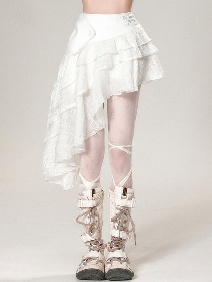 Hem Tiered Asymmetrical Skirt Letter Decorated Bowknot White Rhinestone And