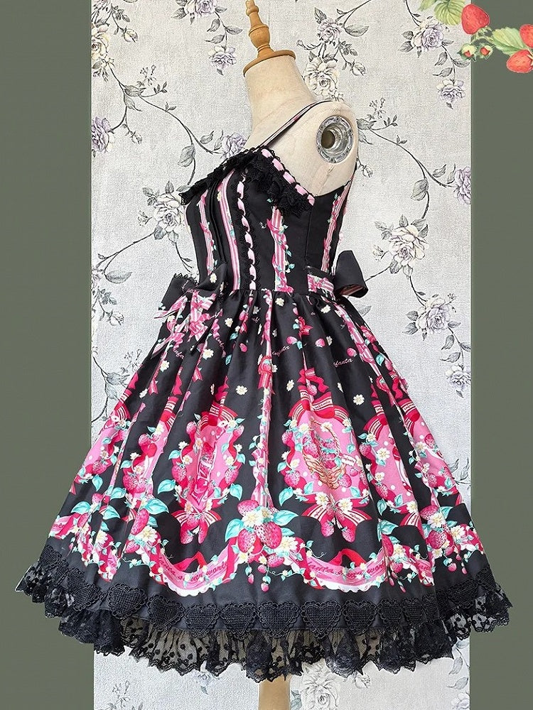 with shaped Pink Strawberry Heart Lace Lolita Dress Black Trim Sweet Print JSK