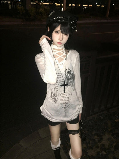Y2K Lace-up Long Sleeve T-Shirt - y2k QUEEN