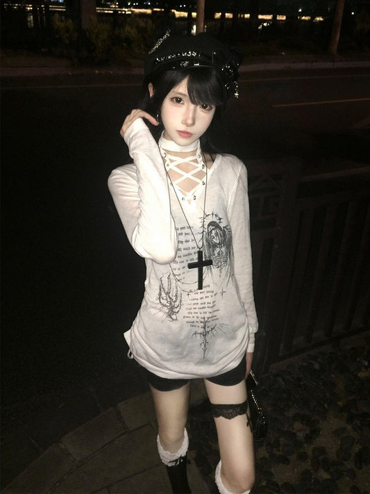Y2K Lace-up Long Sleeve T-Shirt - y2k QUEEN