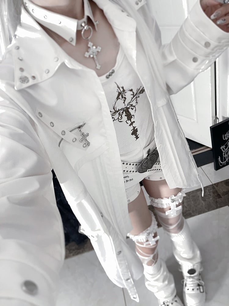 Studded Shirt Asymmetrical Punk Hem White with Collar Long-Sleeve