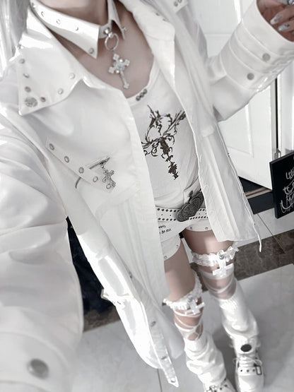 Studded Shirt Asymmetrical Punk Hem White with Collar Long-Sleeve