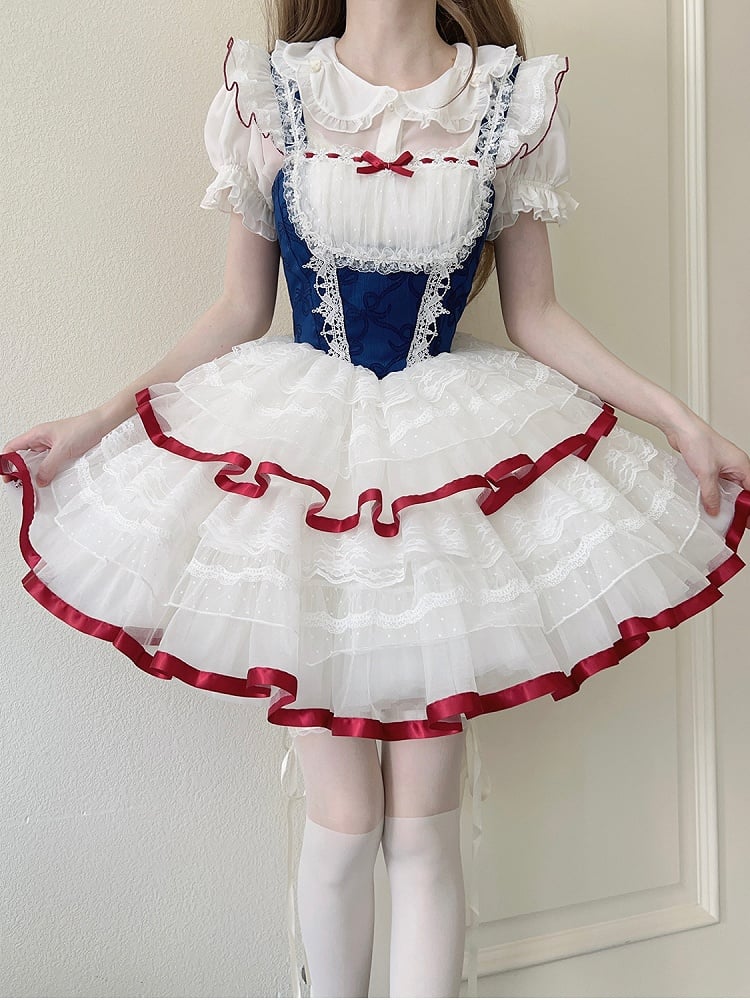Jumper Blue Bows Waist Skirt White Lolita Basque Print Dark Balletcore Snow
