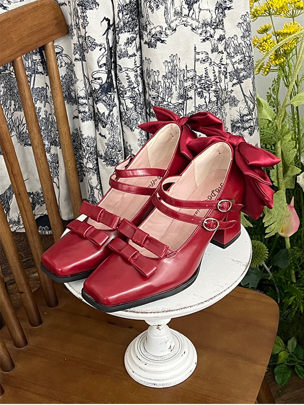 Square Lolita Block Buckles Heels Red Dual Elegant Bow High - Wine 6.5cm Toe Accents