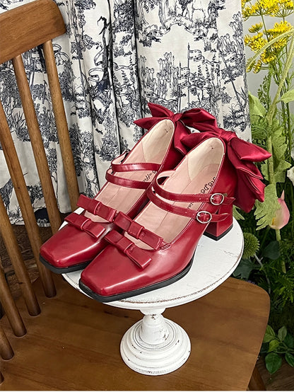 Square Lolita Block Buckles Heels Red Dual Elegant Bow High - Wine 6.5cm Toe Accents