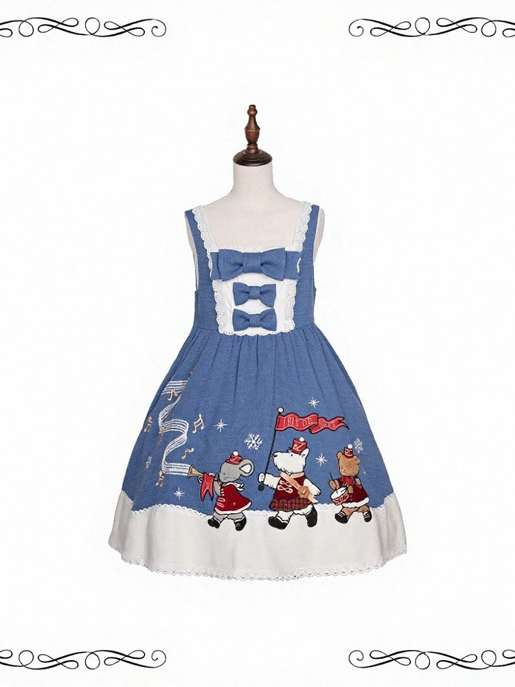 Kawaii Blue A-line Dress with Animal Embroidery Patchwork & Bowknots - iris de nuit