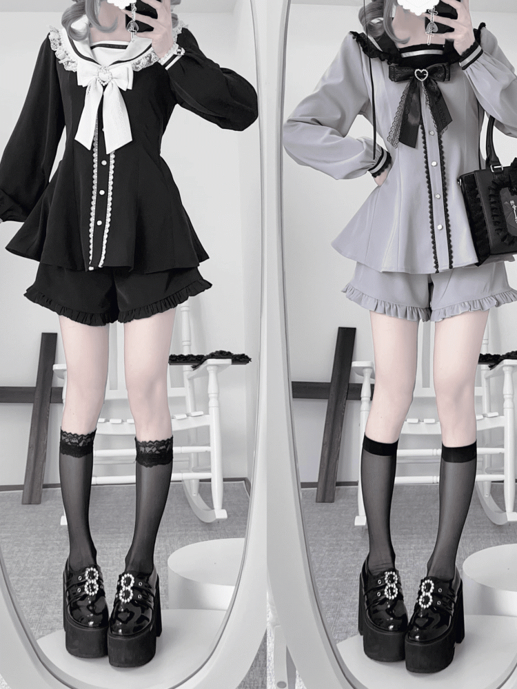 Schwarz-weißes Kei-Minikleid mit Ohrenschleife, Shorts mit Rüschensaum, Jirai und Rückenschnürung, Matrosenkragen, Hasen-Design-Set