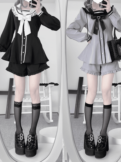 Schwarz-weißes Kei-Minikleid mit Ohrenschleife, Shorts mit Rüschensaum, Jirai und Rückenschnürung, Matrosenkragen, Hasen-Design-Set