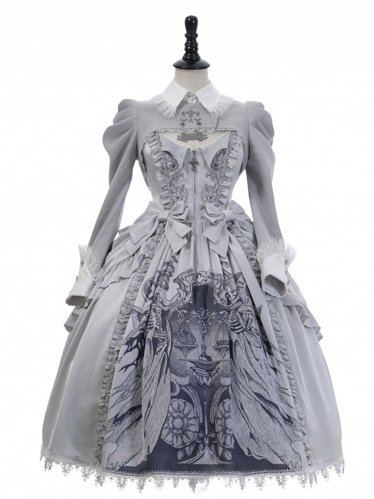 Sleeves Lolita Long Top Cropped Gray Embroidery Scale Gothic