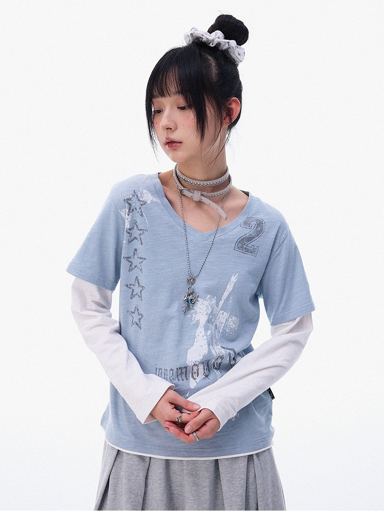 Dusty Blue Fake Two-Piece V-Neck Long Sleeve Tee with Print - innomoood