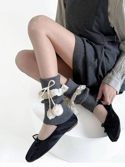 Lace Leg (7 Knit Colors) Ribbed Pom-Pom with Details Warmers