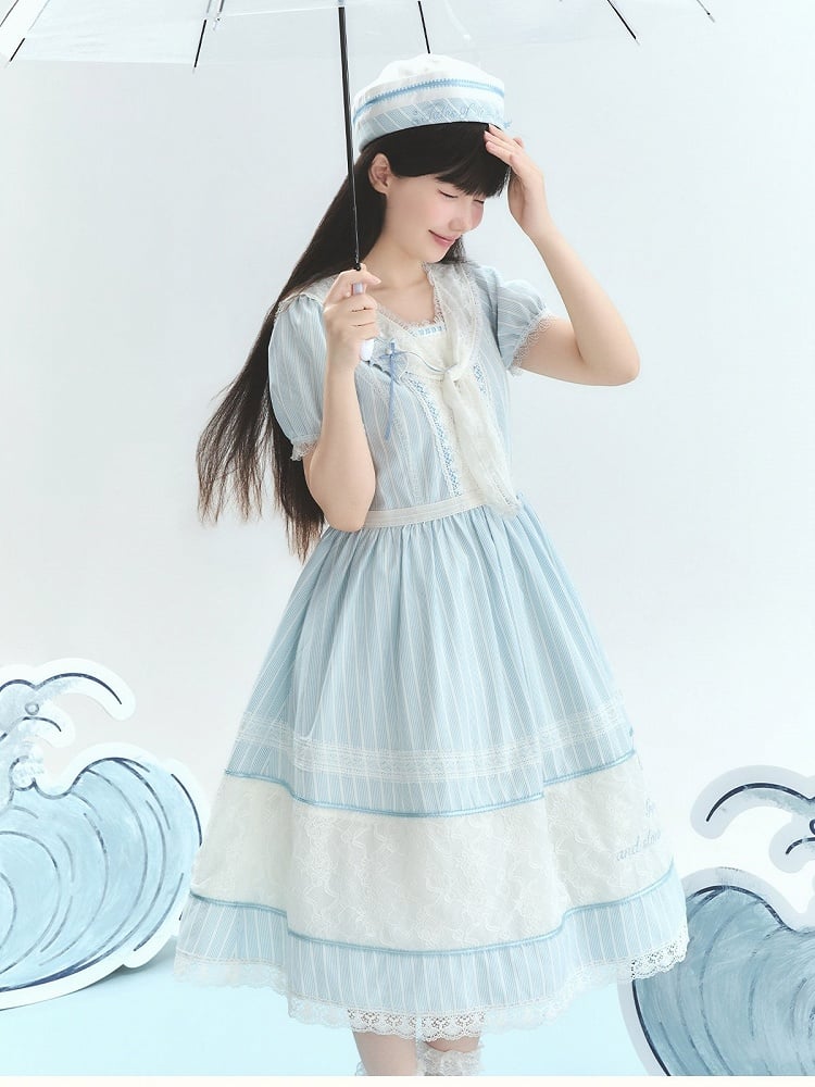 Blue Striped Lace OP with Bow Tie - Liz Bird