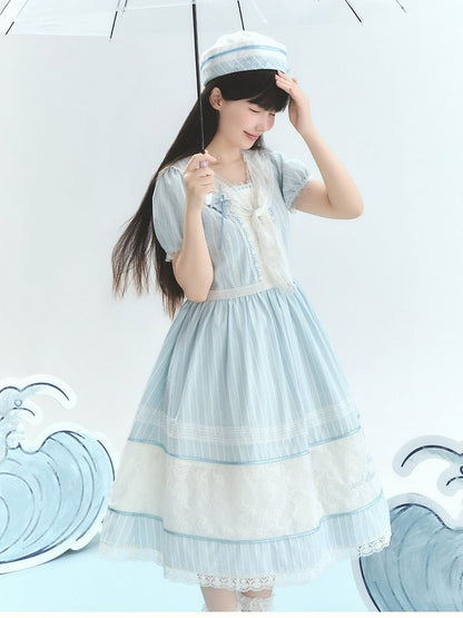 Blue Striped Lace OP with Bow Tie - Liz Bird