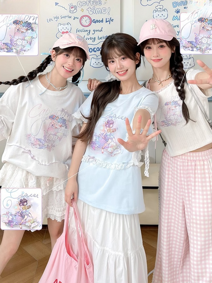 ロング/ショート 山羊座 星座プリント ホワイト コットン Tシャツ バージョン