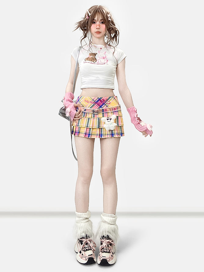 Drucken Bunter Rock Y2K Plissee Muster Plaid Buchstabe