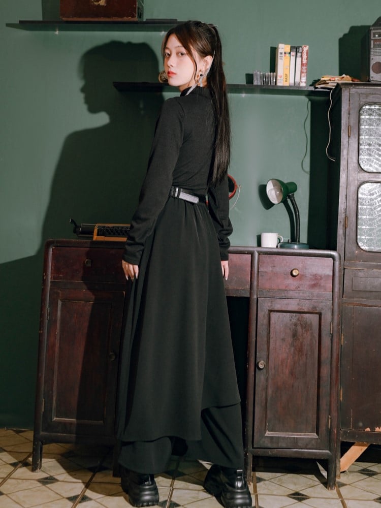 Regular/Thin with Hem Details Bird Ribbon Metal Pants Print Cheongsam Black Asymmetrical Wide-Leg Chain