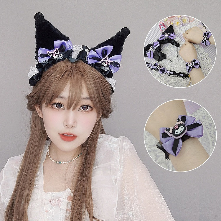 Faux Decorated Sweet Bow KC Kitty Ears Lolita Cartoon with Lace Fur Purple Black