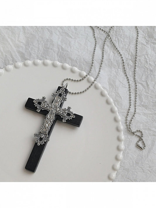 Black/White Gothic Cross Pendant Chain Necklace