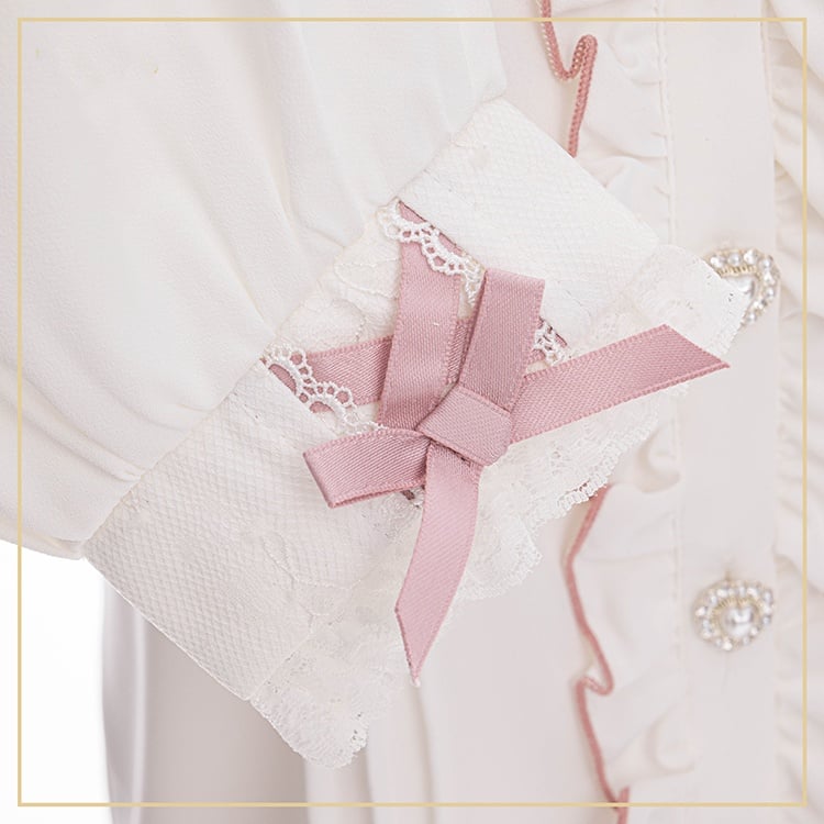 Beaded Collar Long Lace Shaped Pink Kei Sleeve and Heart Square Buttons Jirai with Blouse: