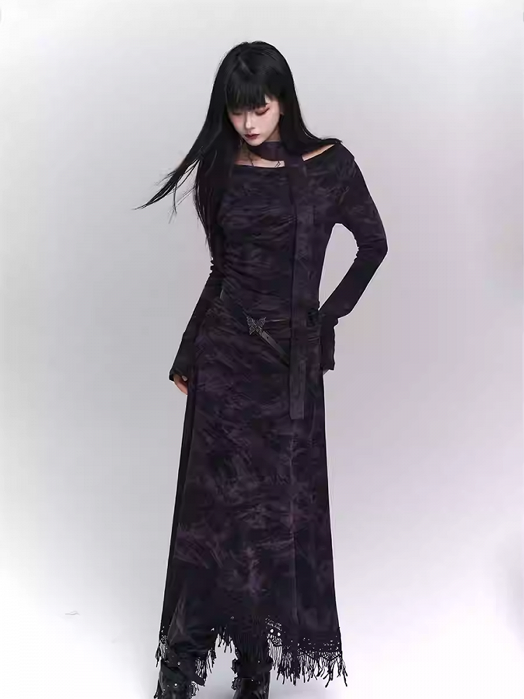 Wasteland Punk Purple Asymmetrical Tassel Hem Side-Slit  Dress