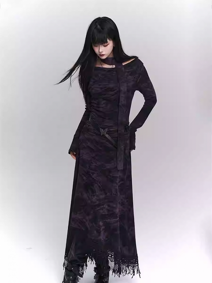 Wasteland Punk Purple Asymmetrical Tassel Hem Side-Slit  Dress