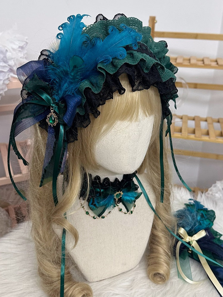 Feather Lace Peacock Ruffled Bow Green Hairband