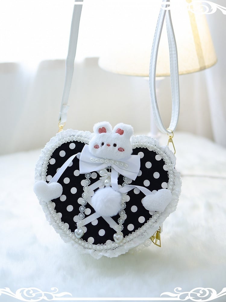 Heart-shaped Pattern Black Decorated Polka-dot Design Crossbody Bag Bunny Pompon Beaded With Plush