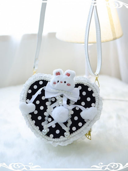 Heart-shaped Pattern Black Decorated Polka-dot Design Crossbody Bag Bunny Pompon Beaded With Plush