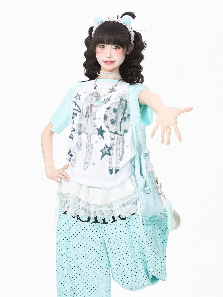 Cyan Pixel Graphic Tee with Polka Dots - Languid Park