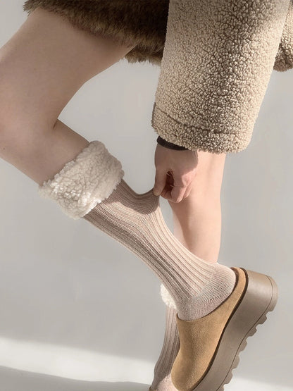 Socks Calf Ribbed Fur Faux Trim