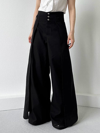 Lolita Buttoned Wide-Leg Panels Ouji with Cincher High-Waisted Draped Pants Black