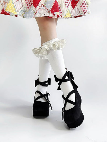 PU - Round Design Black Sweet Bow Wedge Crisscross Platforms Toe Accent