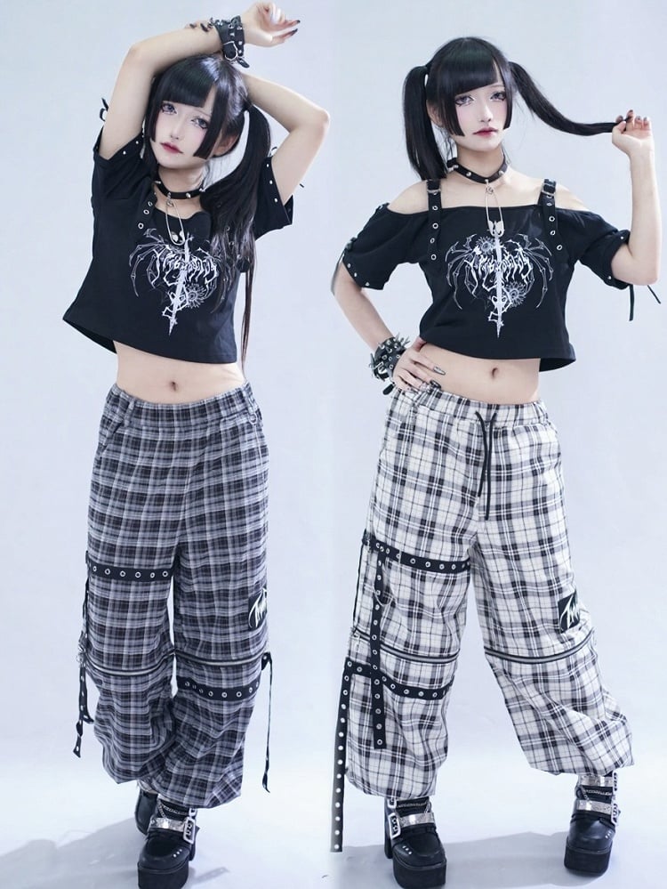 Off-White Plaid Pants with Detachable Legs & Chain Details - Tribuo Flos