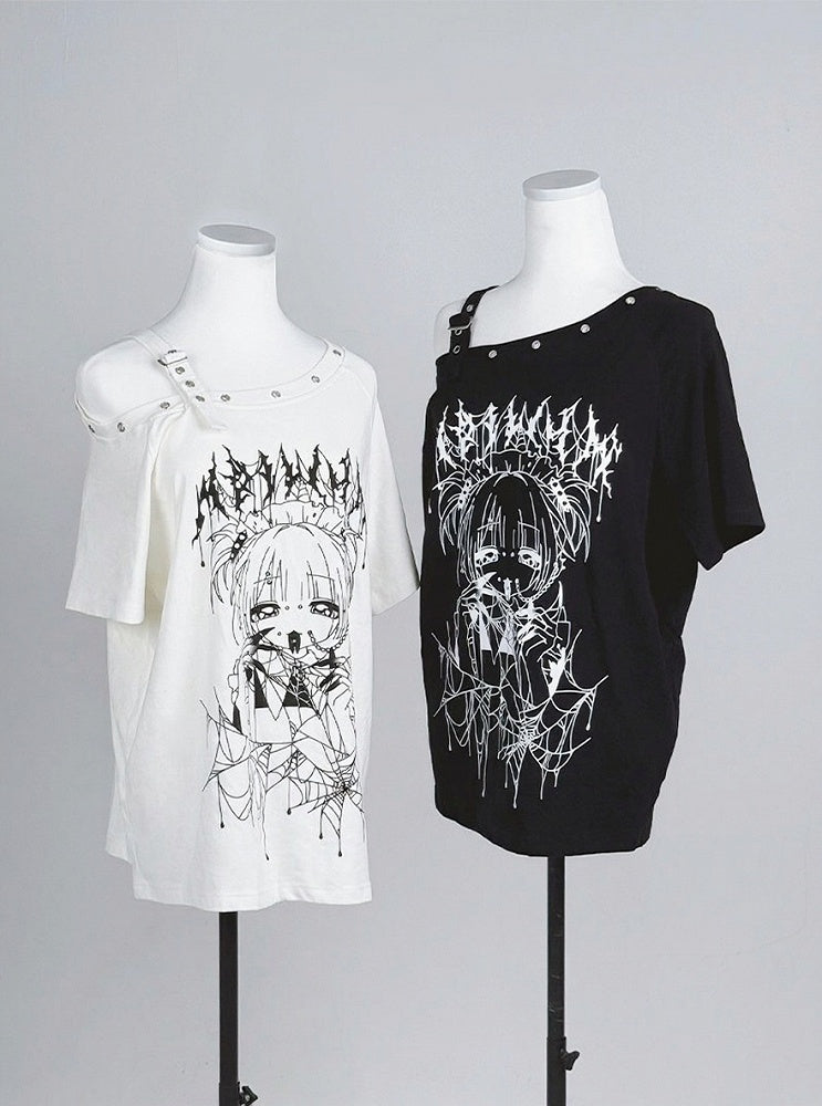 White Asymmetric Shoulder Anime Girl Print Tee - Tribuo Flos