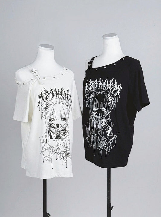 White Asymmetric Shoulder Anime Girl Print Tee - Tribuo Flos