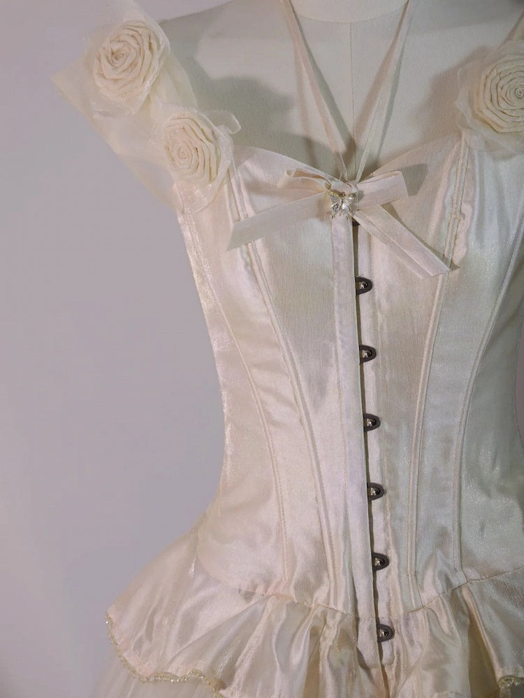 and Accents with Rose Corset Beige Bow Ribbon Lolita Top Shoulder